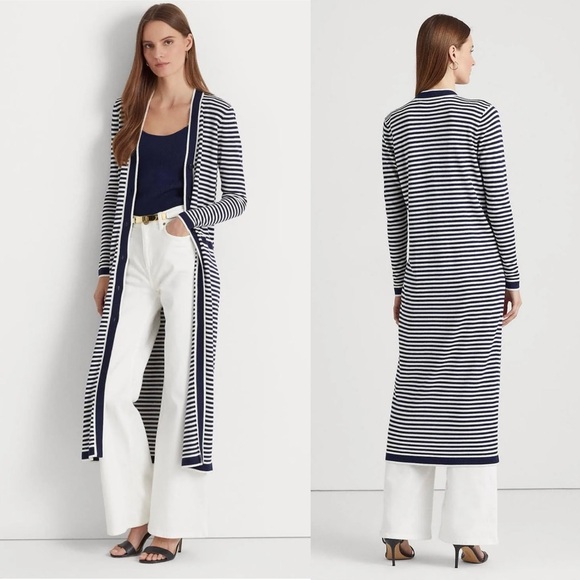 Lauren Ralph Lauren Cardigan Long Sweater Jacket French Navy Striped Silk Button - Picture 1 of 13